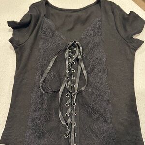 Black Lace-Up Short Sleeve Women's Top